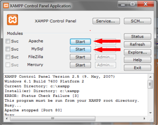 XAMPP start servers